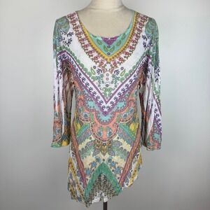Jess & Jane Women Paisley Asymmetrical Semi Sheer Burnout Tunic Top 3/4 Sleeve L